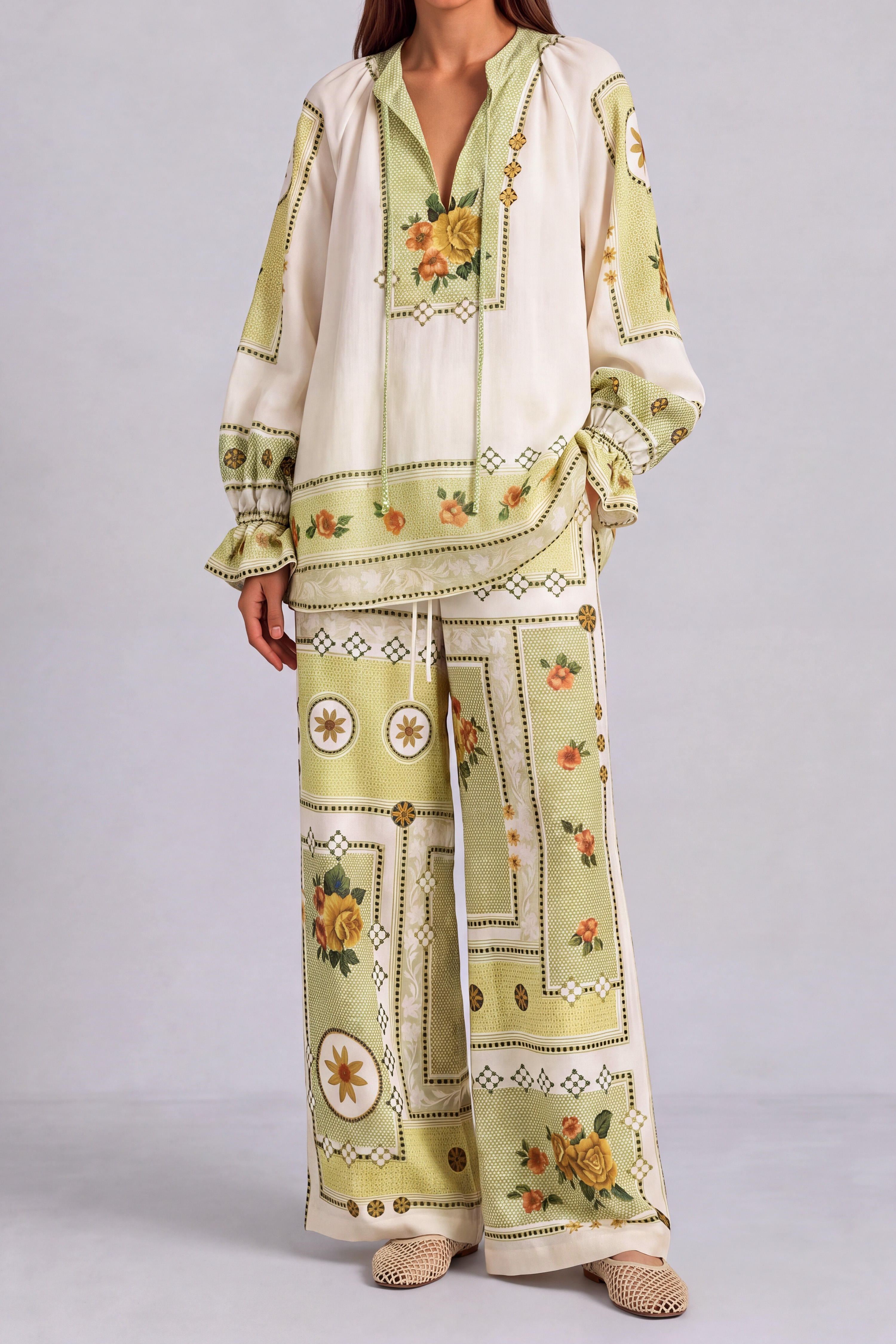 Tie Detail Floral Printed Matching Pants Set