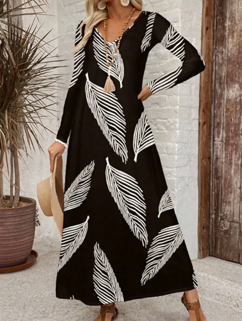 V-Neck Printed Long-Sleeved Maxi Dress