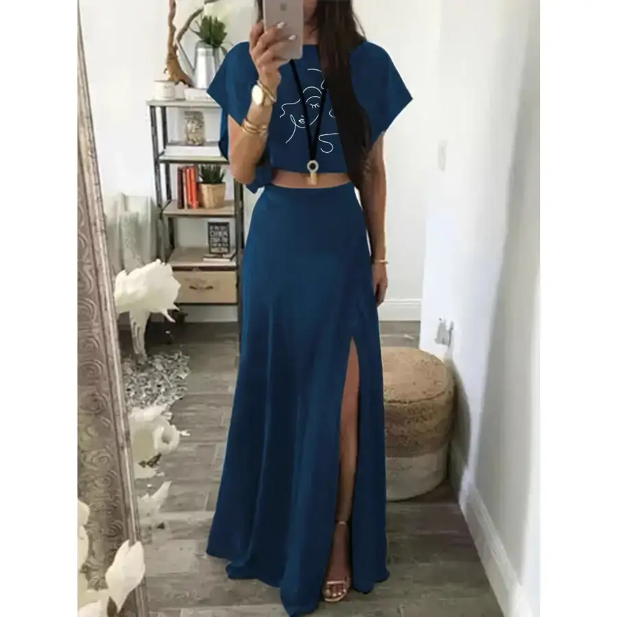Round Neck Short Sleeve Top and Skirt Set