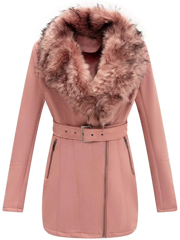Ladies PU autumn/winter leather jacket with detachable faux fur collar