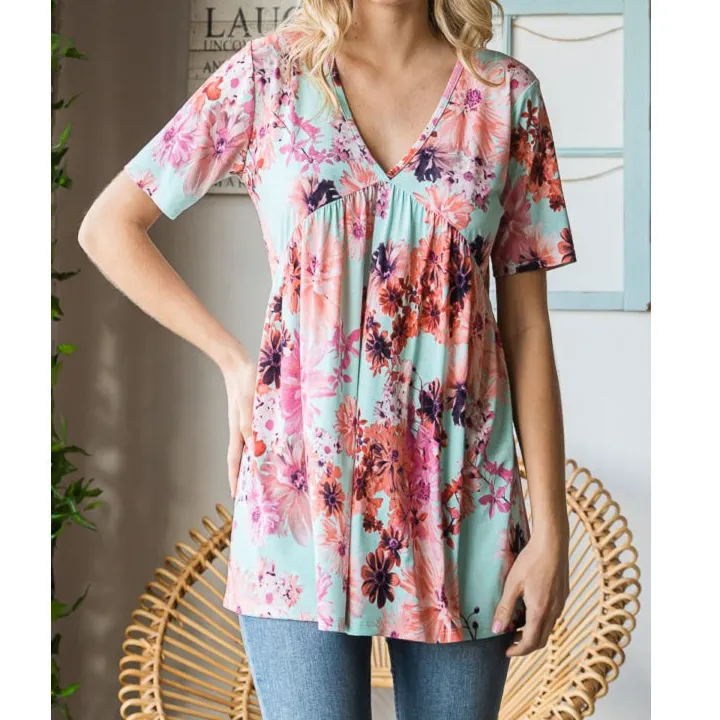 Full Size V-neck Short Sleeve Babydoll Blouse