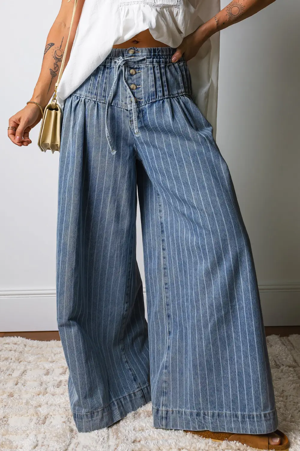 Button Pleated Drawstring Waist Casual Wide Leg Jeans