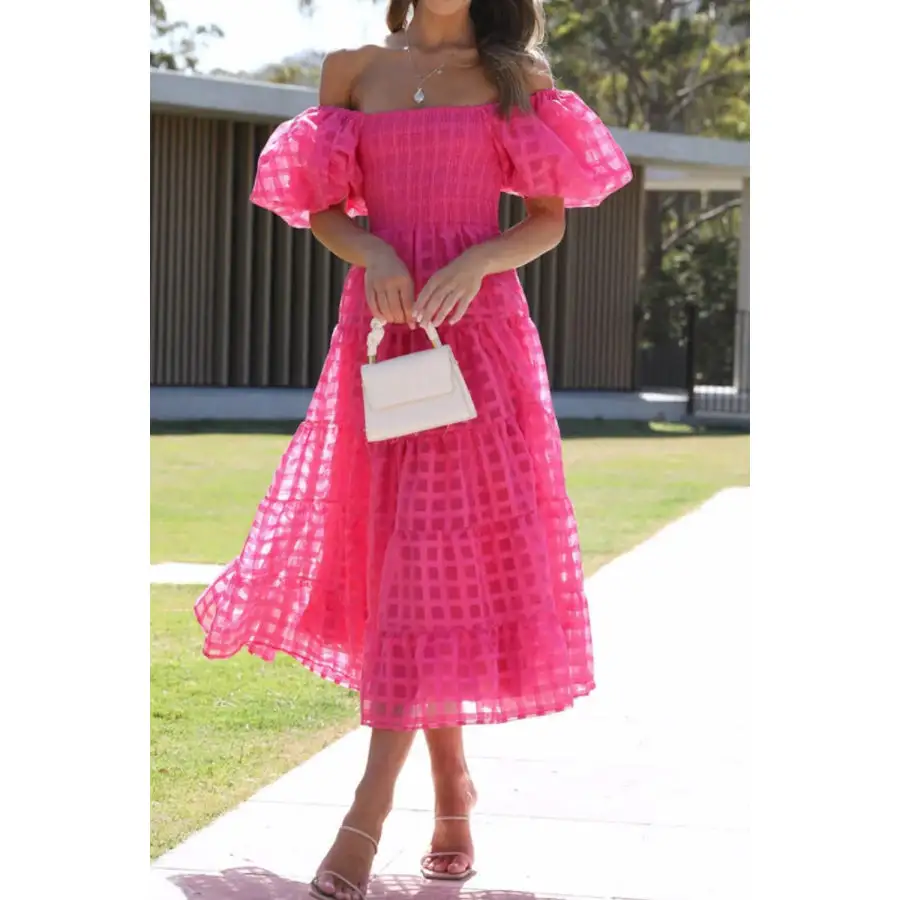 Off Shoulder Short Puff Sleeve Midi Dress