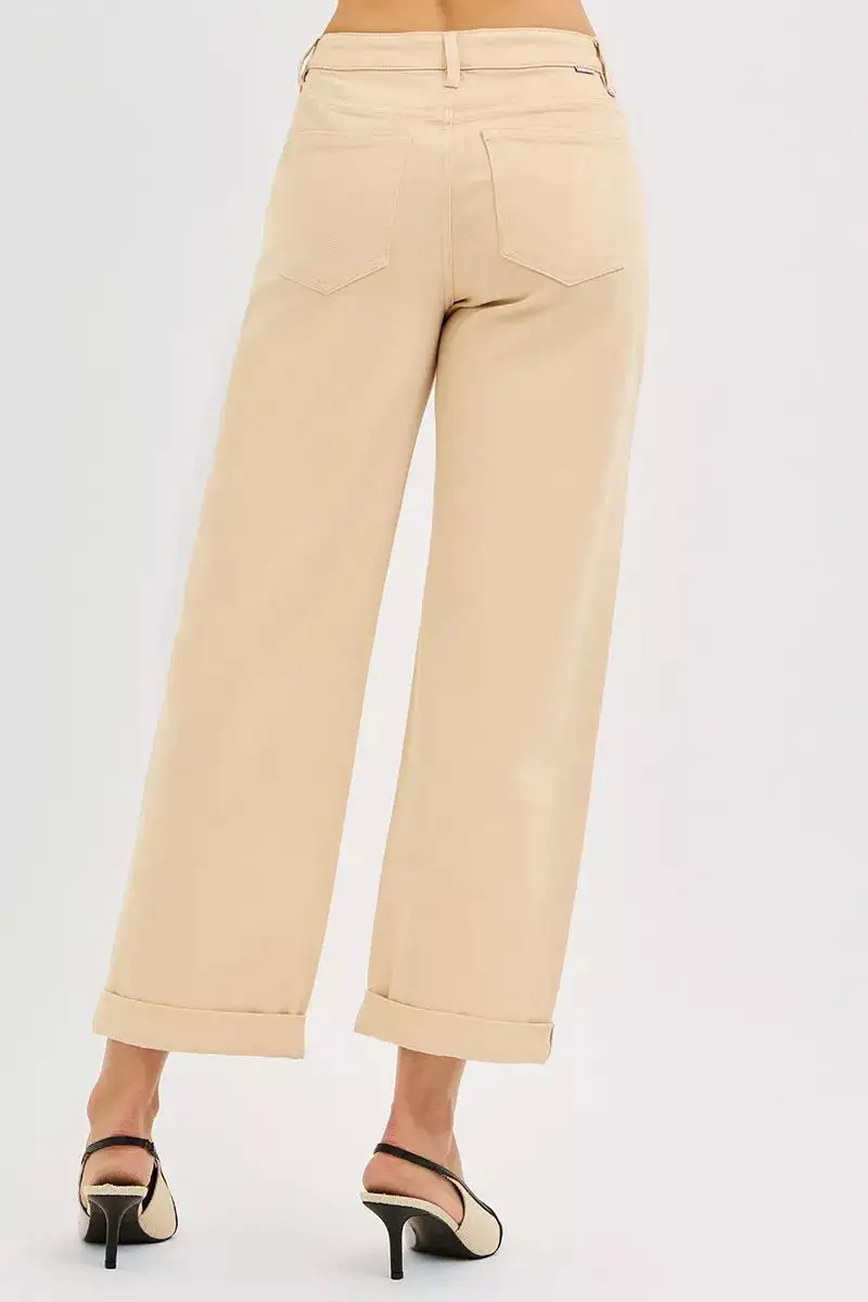 Classic Mid Rise Cuffed Hem Wide Leg Jeans