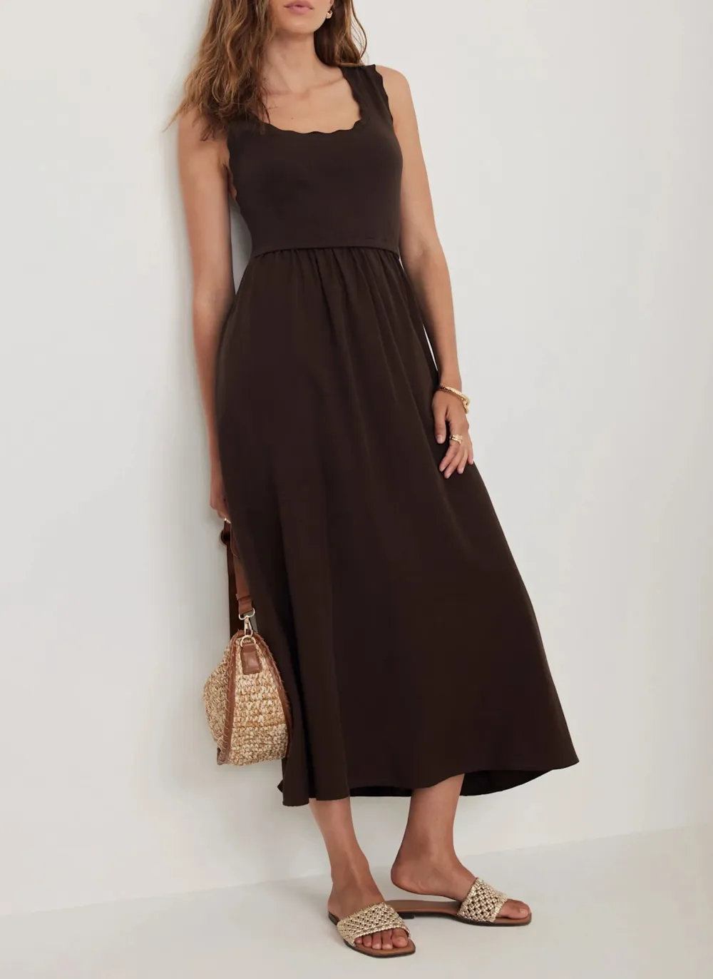 Casual Style Sleeveless Scallop Midi Dress