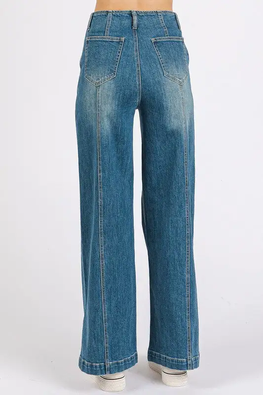 Wash Seam Detail Wide Leg Denim Jeans