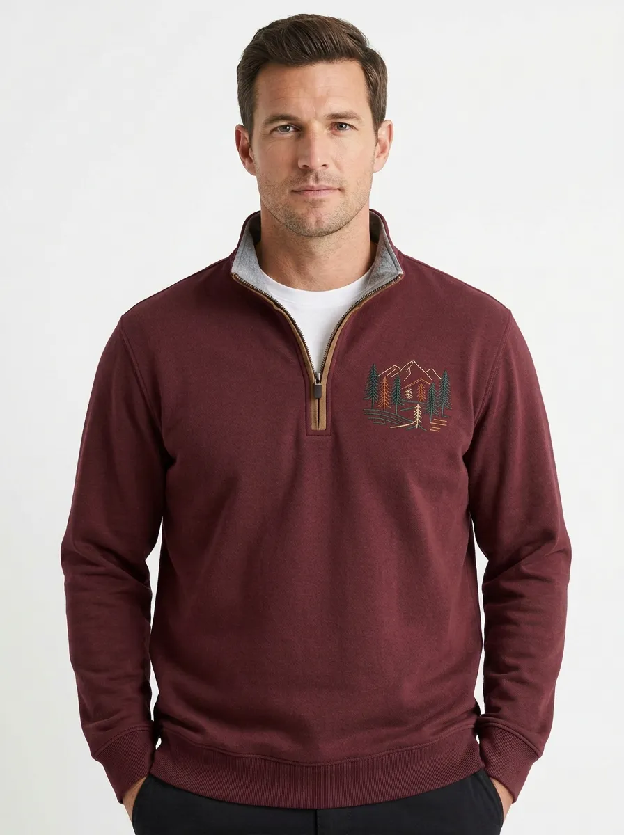 Men's Nature Mountain Forest Embroidered Quarter-Zip-Neck Sweatshirt
