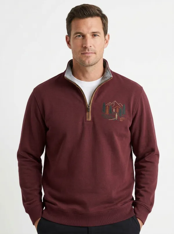 Men's Nature Mountain Forest Embroidered Quarter-Zip-Neck Sweatshirt