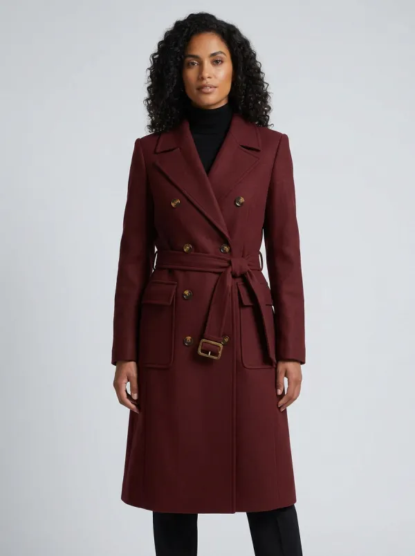 Women's Classic Camel Double-Breasted Belted Wool Trench Coat