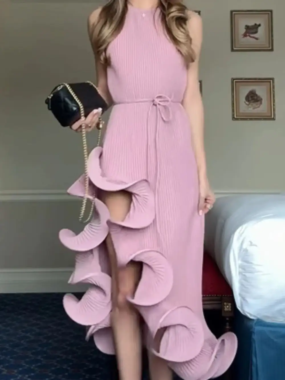 Ribbed Ruffle Sleeveless Dress Casual