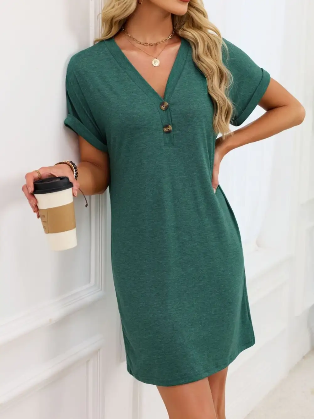 V Neck Short Sleeve Shirt Dress