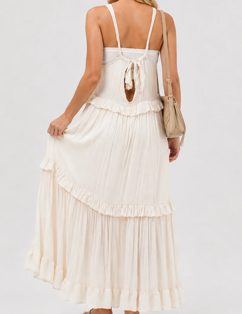 Boho Ruffle Tiered Hem Sleeveless Solid Color Maxi Dress