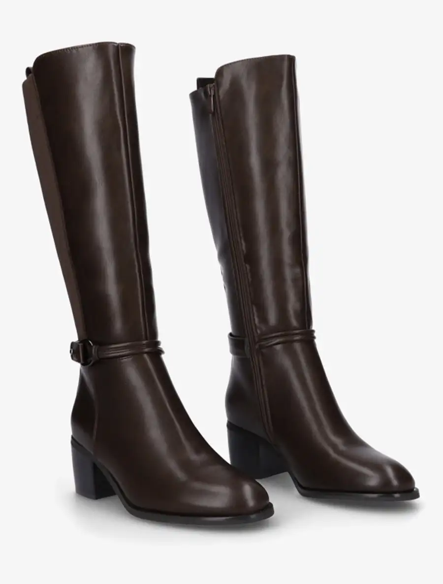 Refined Strap Detail Buckle Detail Block Heel Faux Leather Knee High Boots