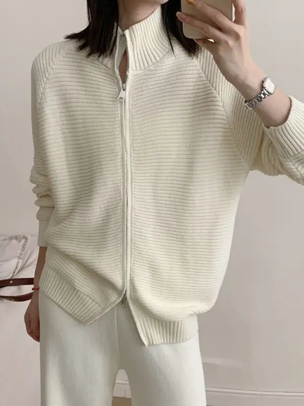 Casual Knit Zip Up Cardigan and Wide Leg Pants Set