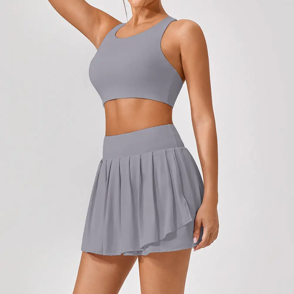 Backless Sleeveless Jacket, Bra and Skort Active Set