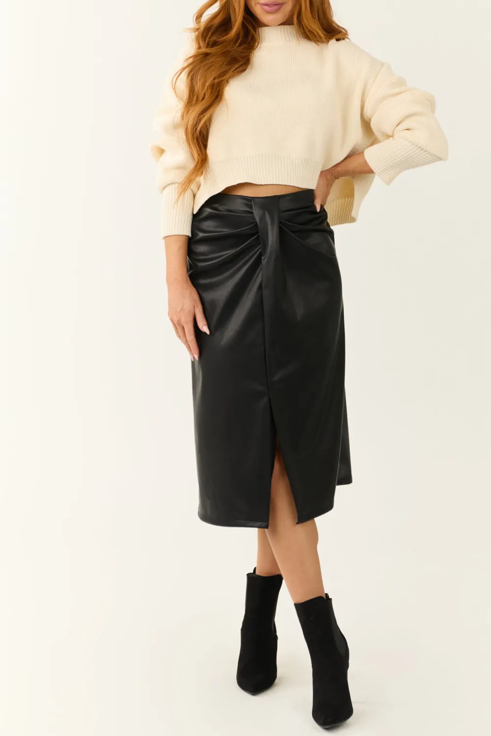 Black Faux Leather Pleating Detail Midi Skirt