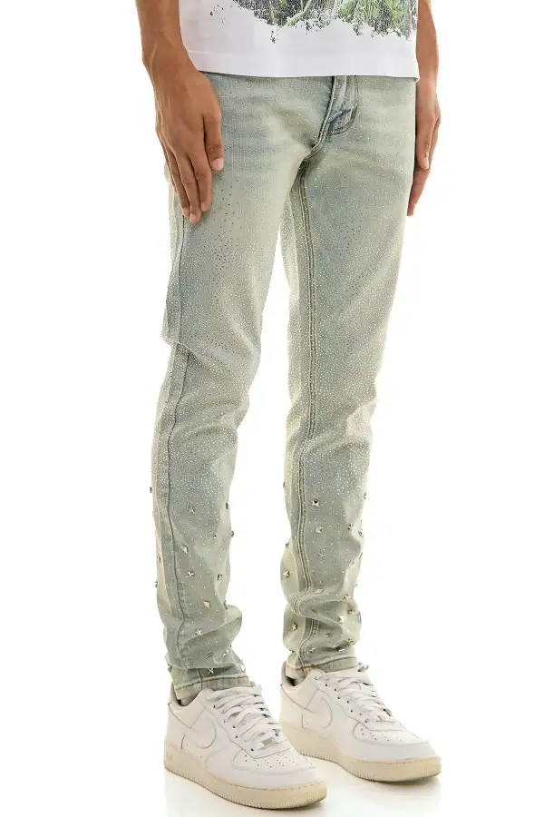 Men's Streetwear Embellished Skinny Zip Detail Jeans