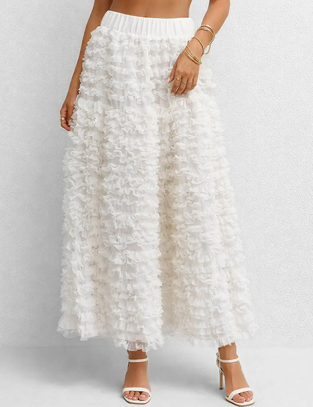 Elastic Waist Tiered Ruffle Gathered Mesh Maxi Skirt