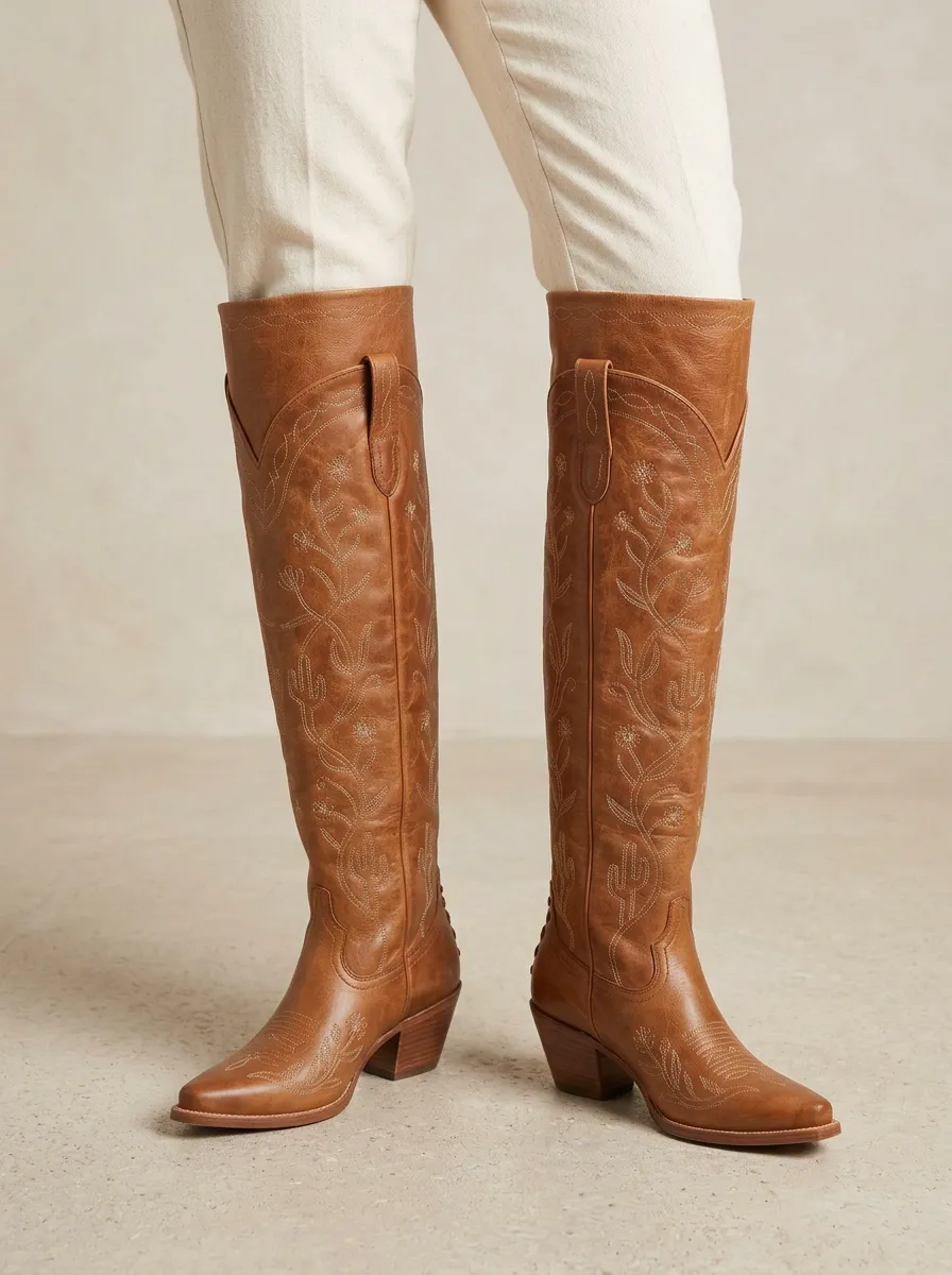 Women's Cactus Embroidered Denim Over-the-Knee Boots