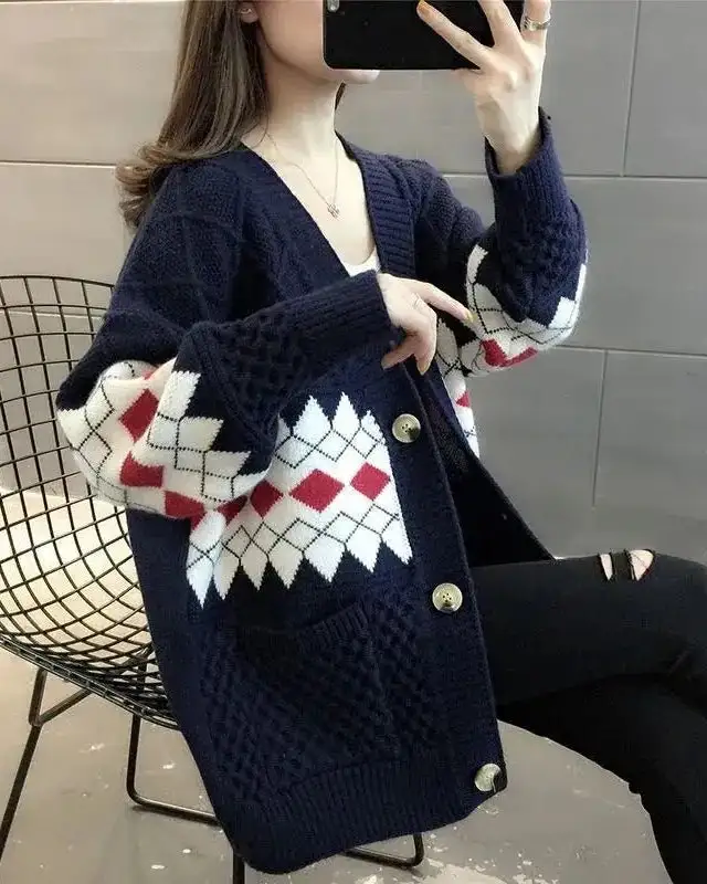 Acrylic-Blend Polyester-Blend Button-Front V-Neck Cardigan