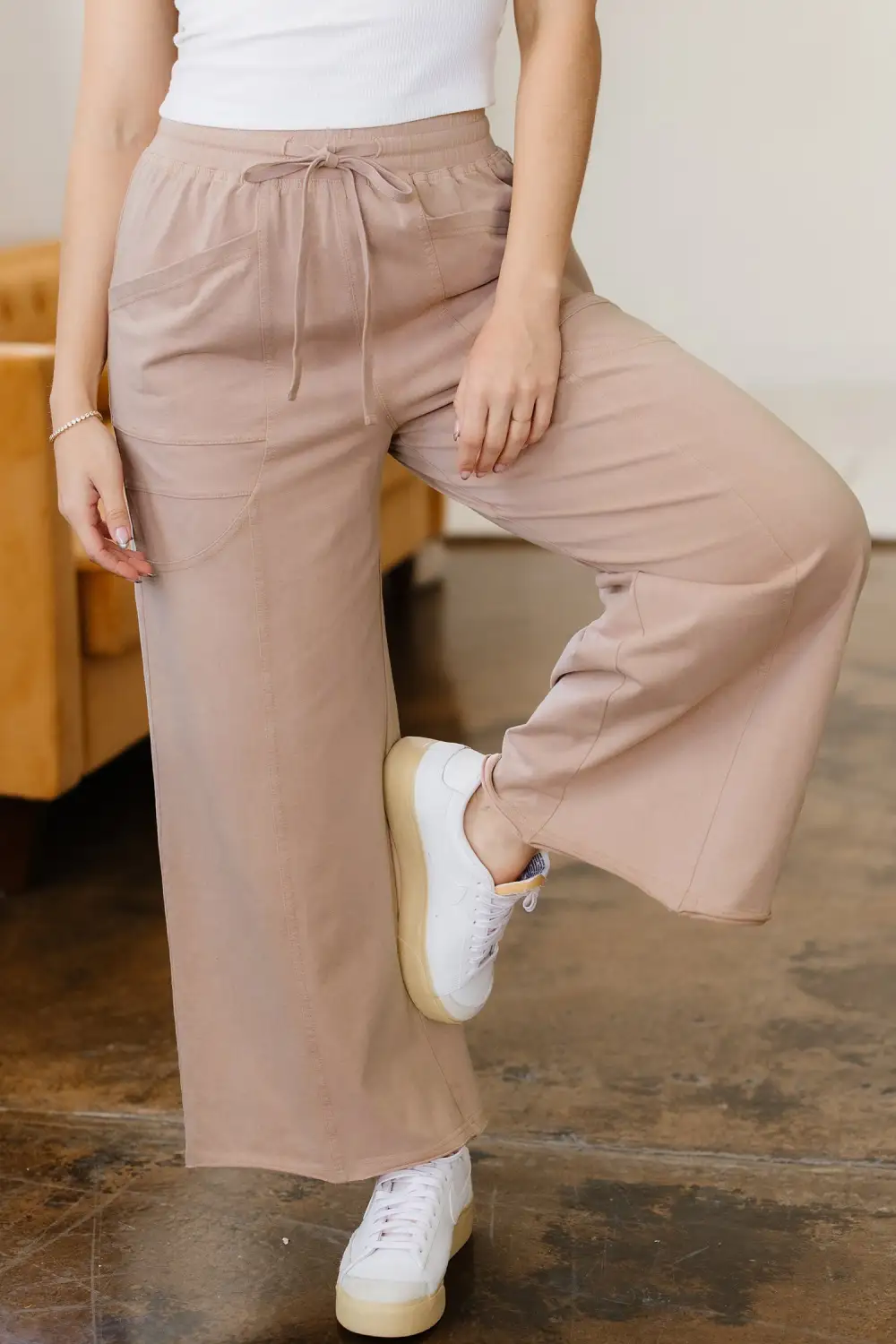 Wash Piping Trim Pocketed Wide Leg Pants