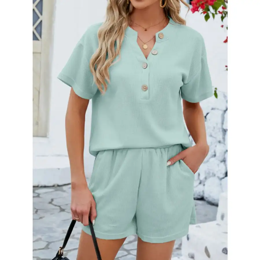 Casual Button Detail Ribbed Top and Shorts Two Piece Set