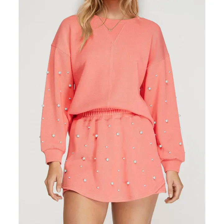 Oh Pearl Trim Round Neck Long Sleeve Top and Skirt Set
