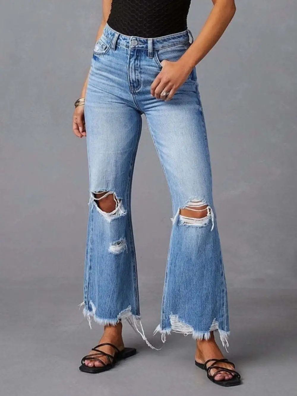 Clean Flare Leg Raw Hem Distressed Denim Jeans