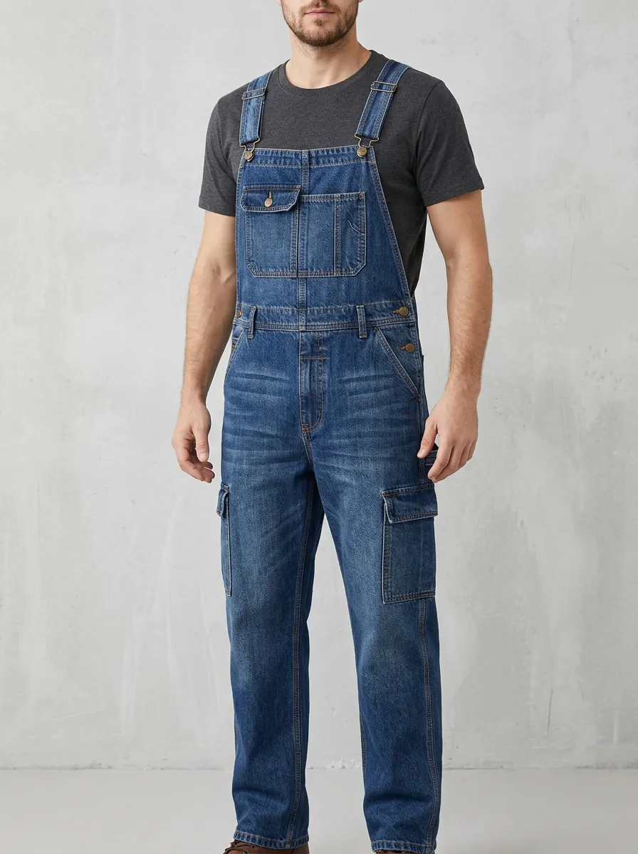 Men's Casual Blue Denim Multi-Pocket Cargo Overalls