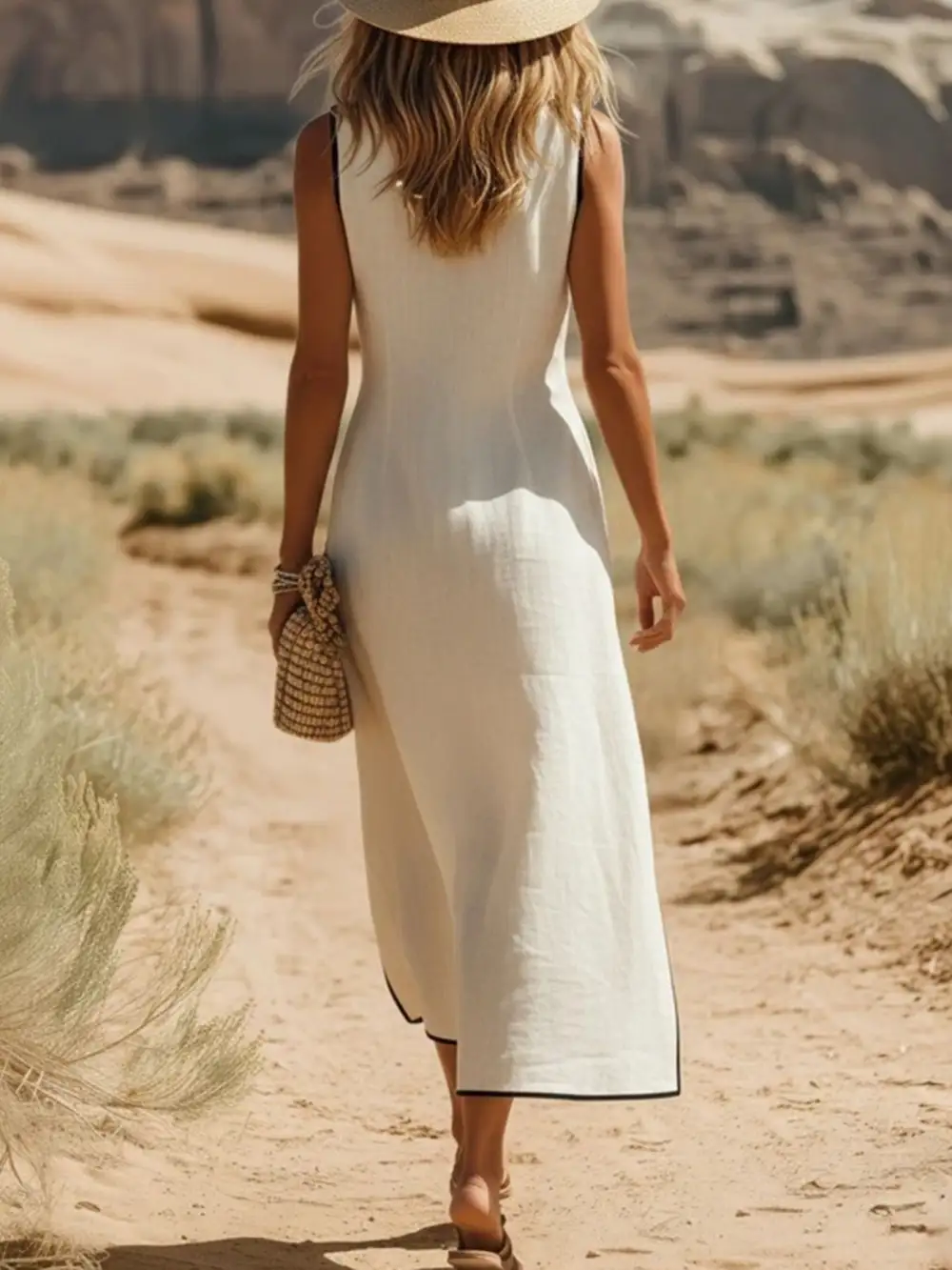 Button Front Slit Sleeveless Midi Dress