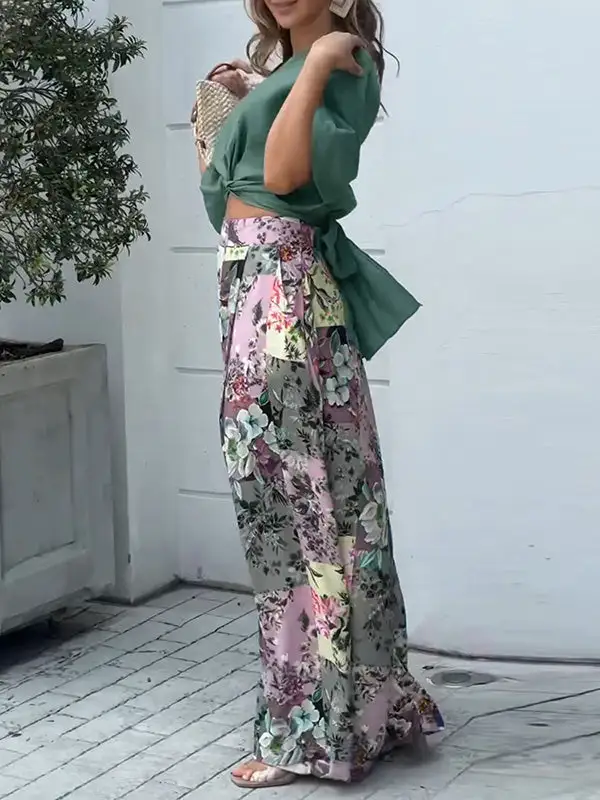 Wide Leg Floral Print Blouse And Pants Set