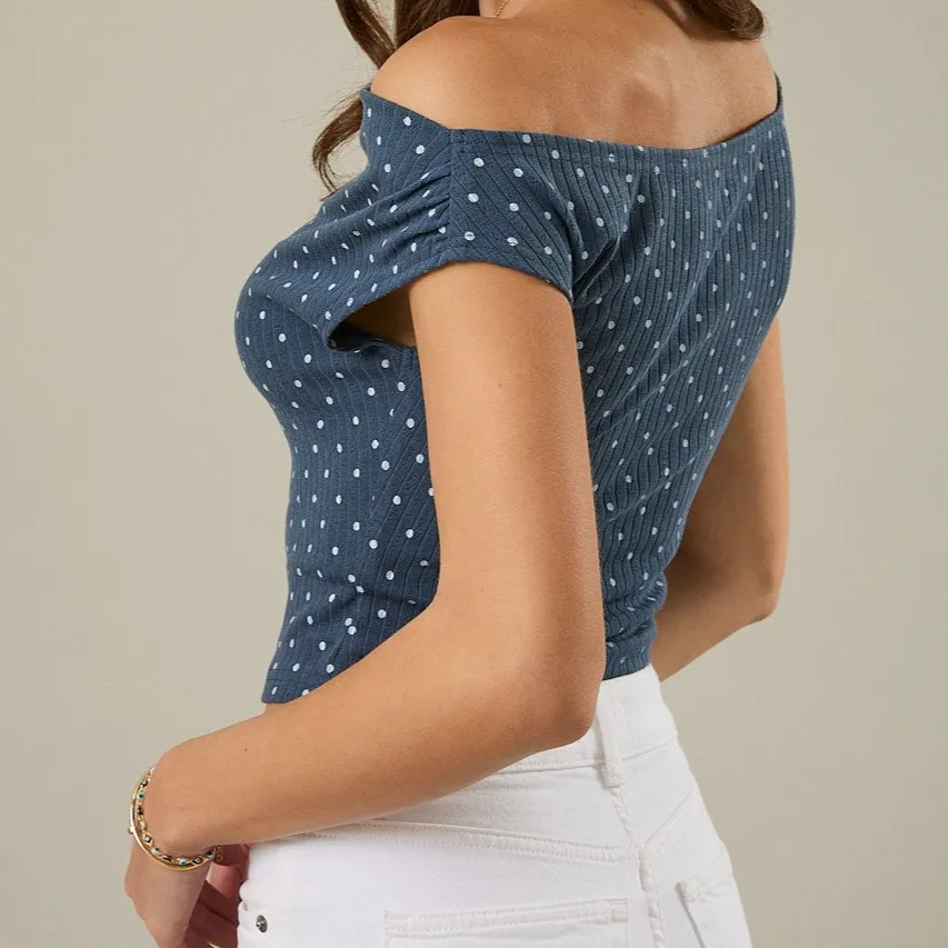 Relaxed Slouchy Shoulder Polka Dot Top