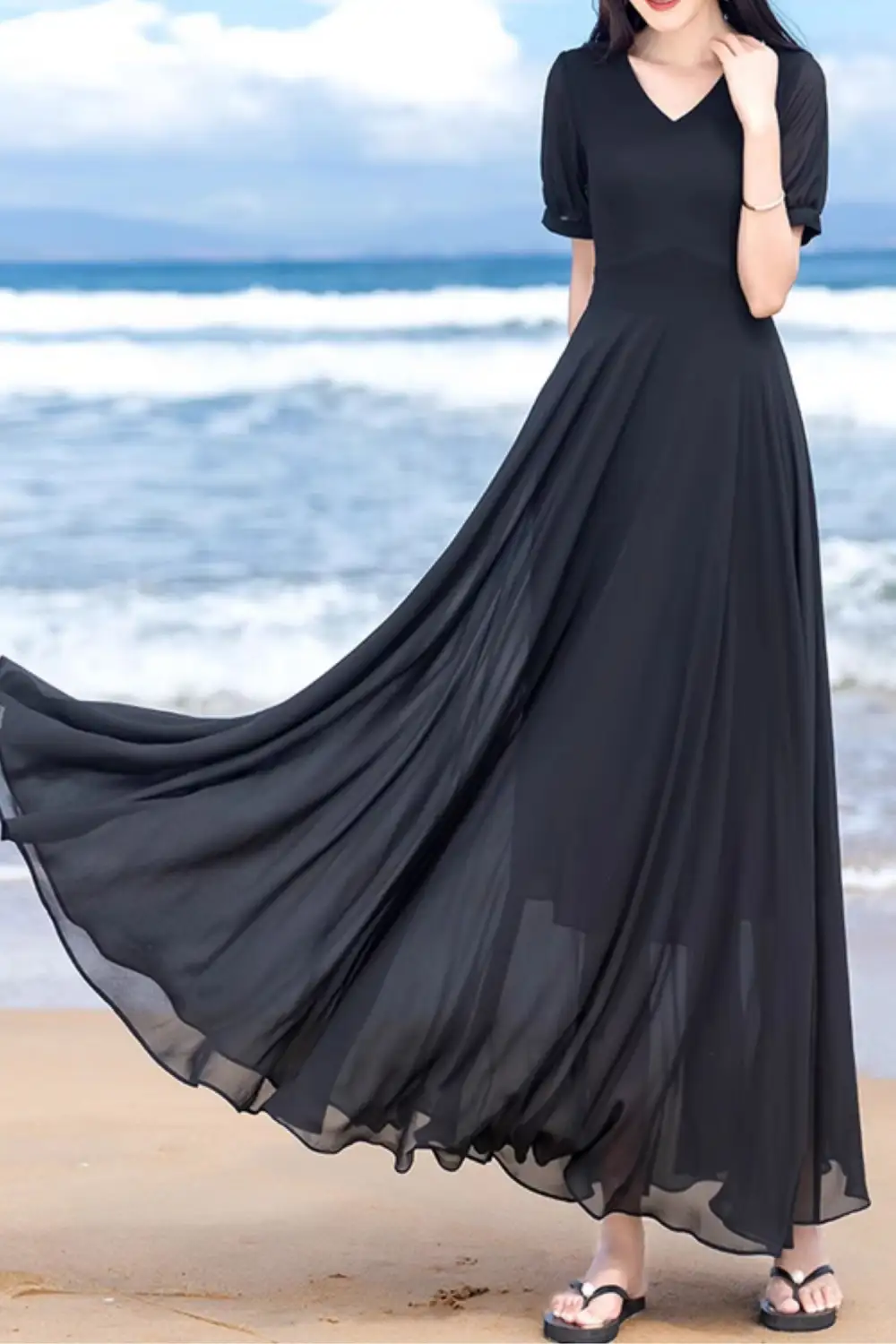 Refined Chiffon Fit And Flare V Neck Short Sleeve Maxi Dress