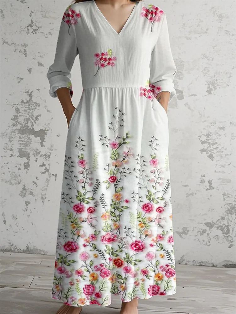 V-Neck Colorful Floral Linen Cotton Dress