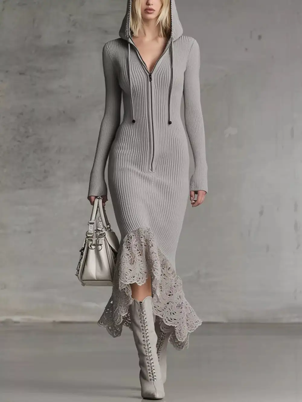 Ribbed Knit Hooded Midi Dress
