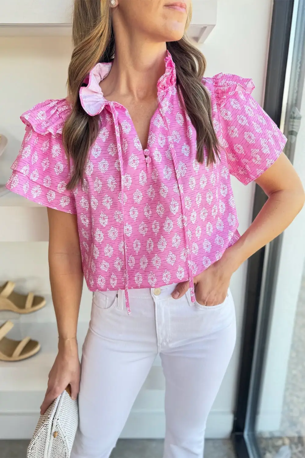Textured Floral Ruffle Sleeve Blouse