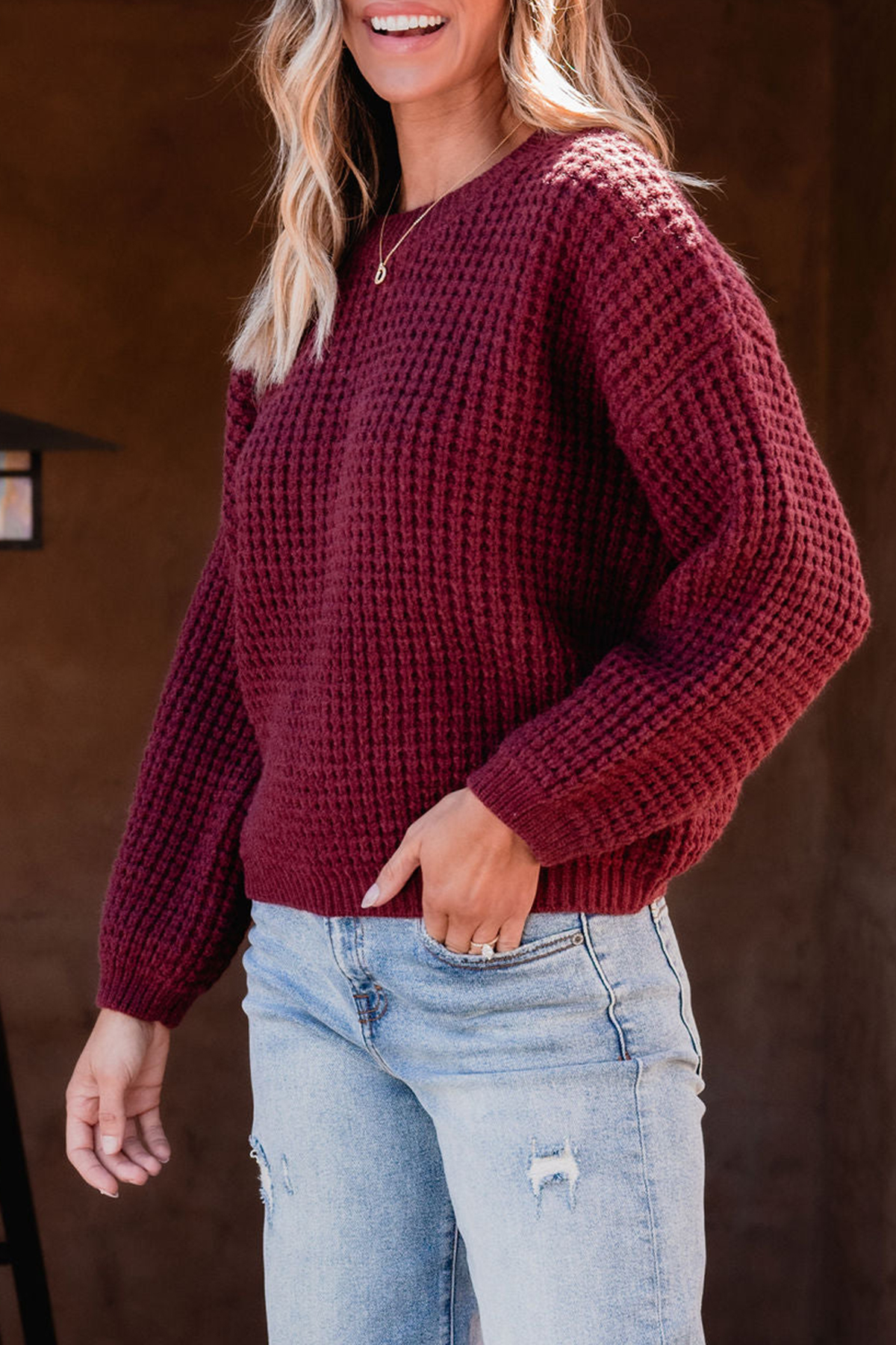 Burgundy Ribbed Waffle Knit Sweater