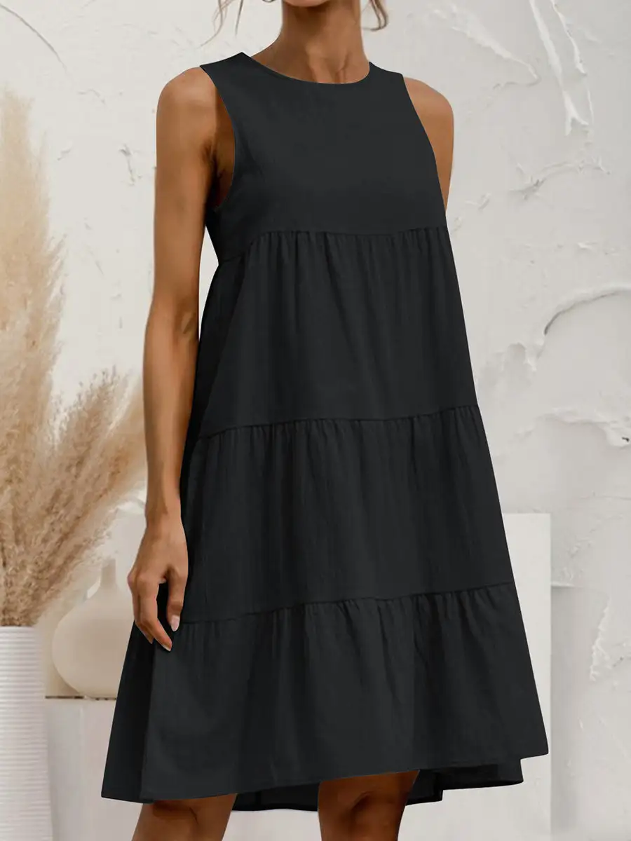 A Line Relaxed Pleated Solid Color Tiered Round Neck Mini Dress