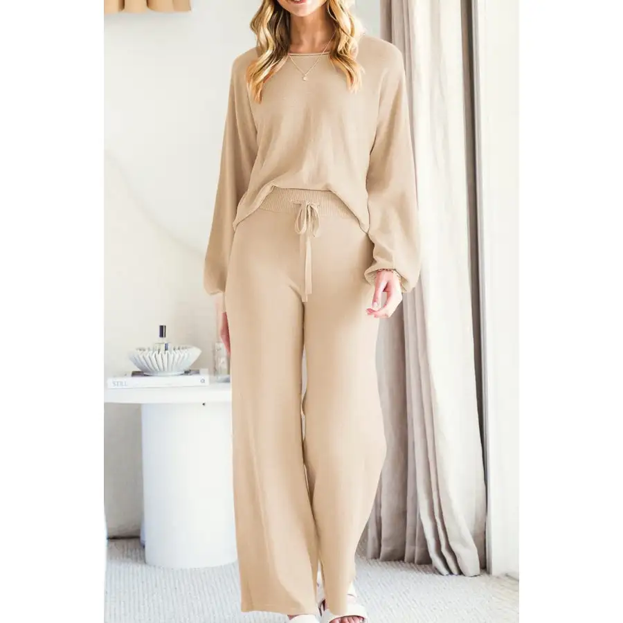 Casual Round Neck Long Sleeve Top and Pants Set