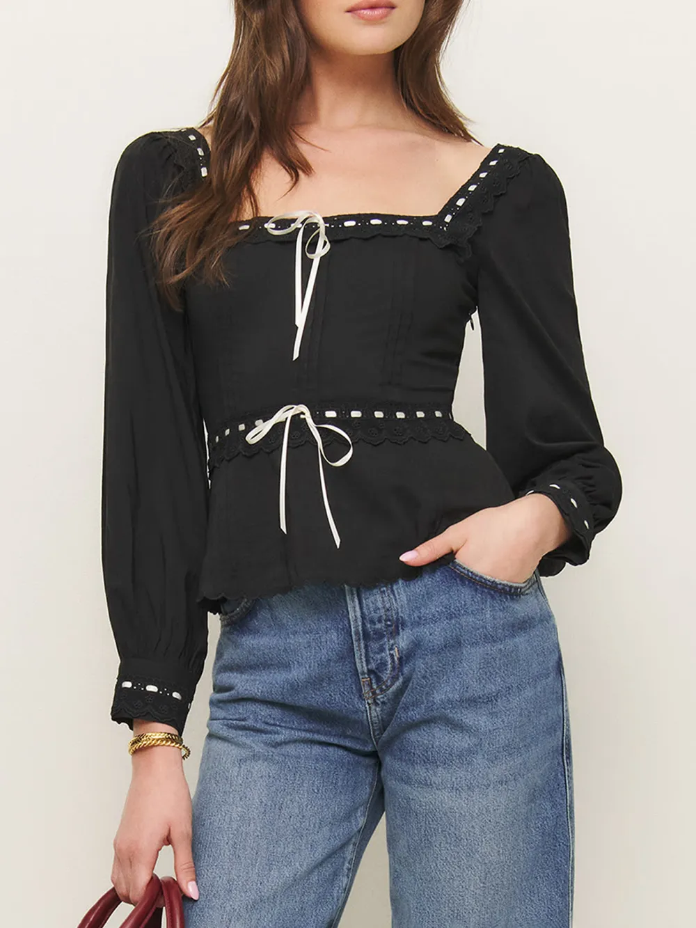 Studded Square Neck Puff Sleeve Blouse