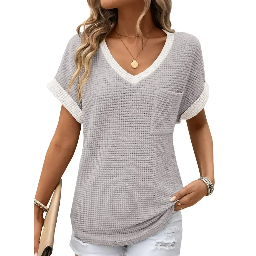 Women's Waffle Knit V-Neck Casual Summer Top
