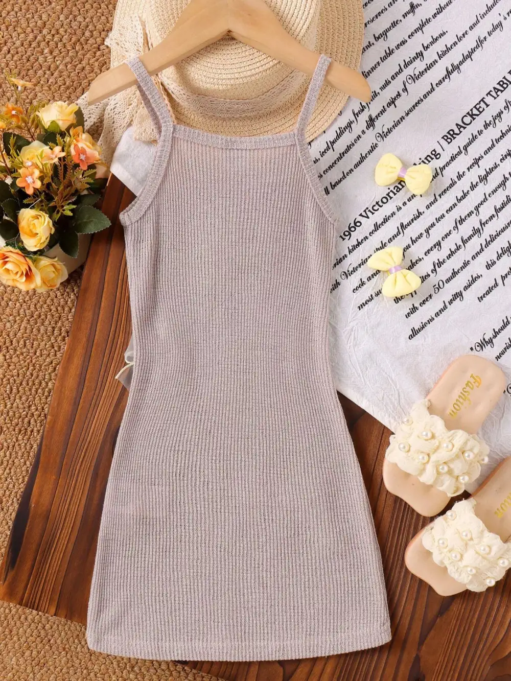 Girls Ribbed Knit Spaghetti Strap Dress With Bow