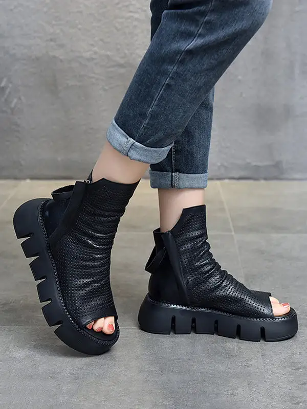 High Top Open-Toe Mesh Zip Platform Heeled Sandals