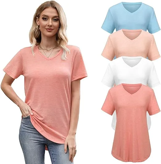 Women'S Casual V-Neck Short-Sleeve T-Shirt - Four-Piece Set