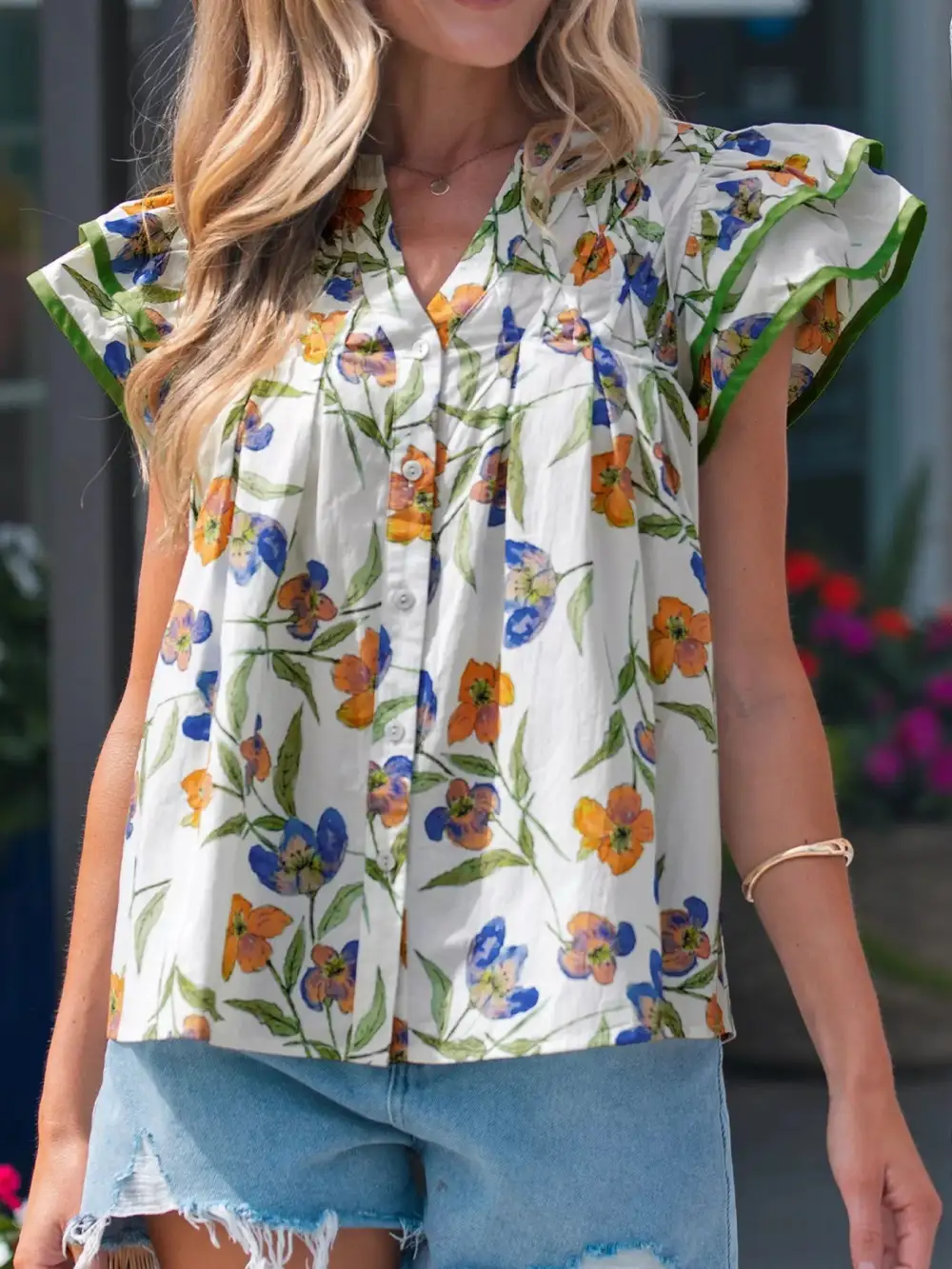 V-Neck Ruffled Floral Blouse