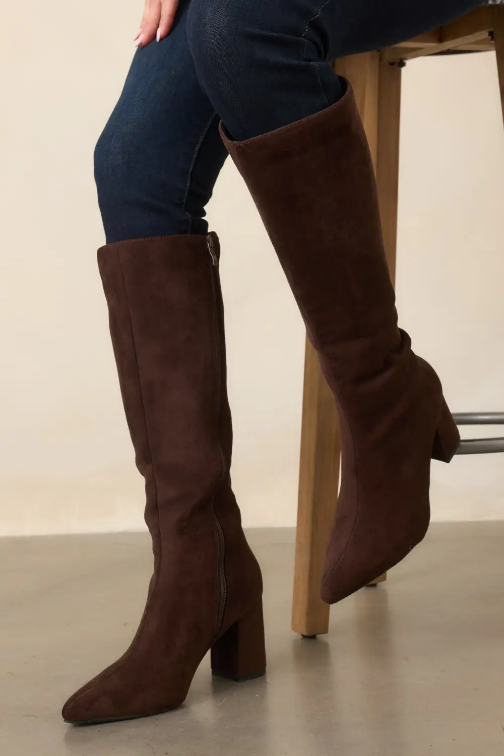 Faux Suede Pointed Toe Block Heel Knee High Boots