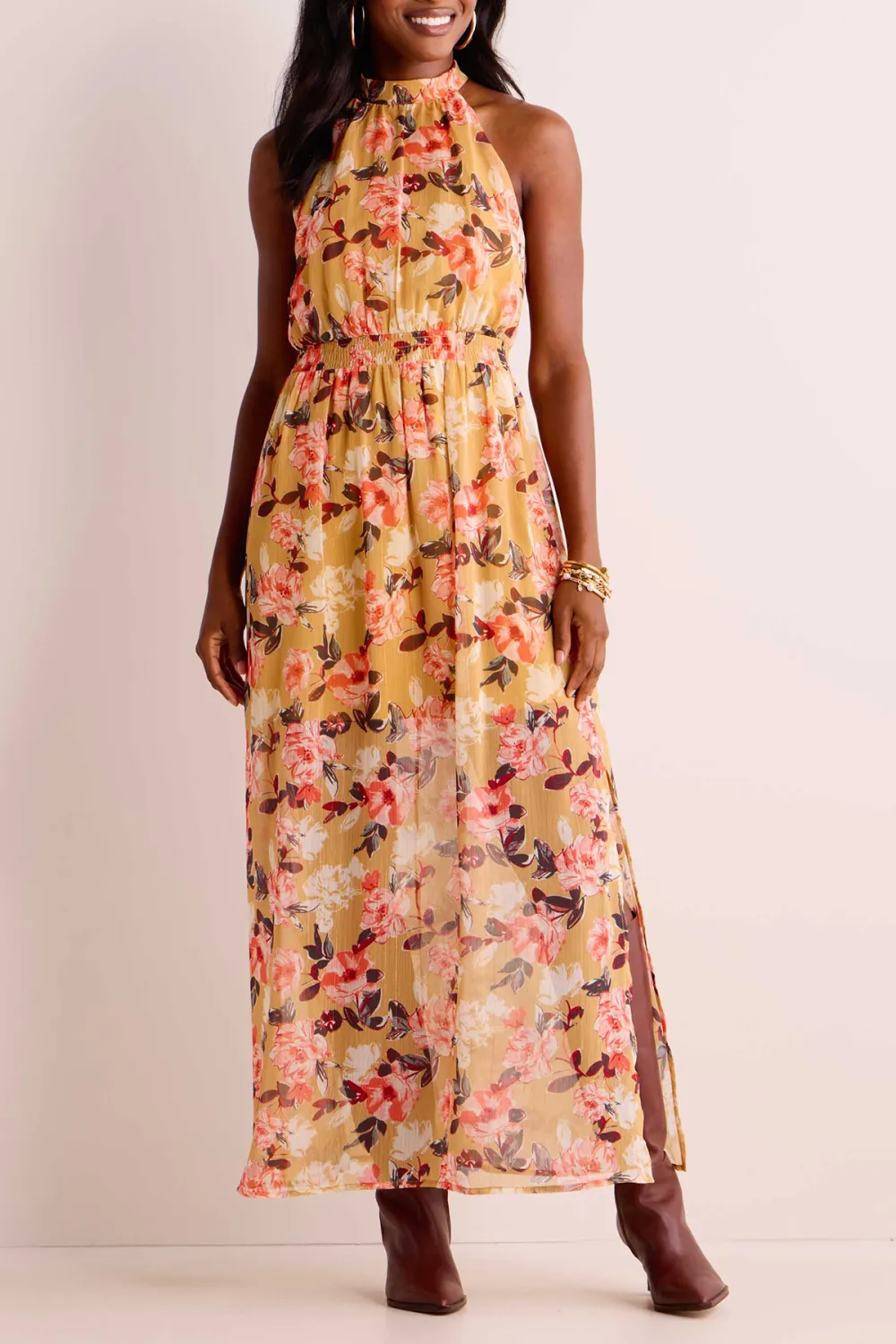 Yellow Floral Print Halter Neck Dress