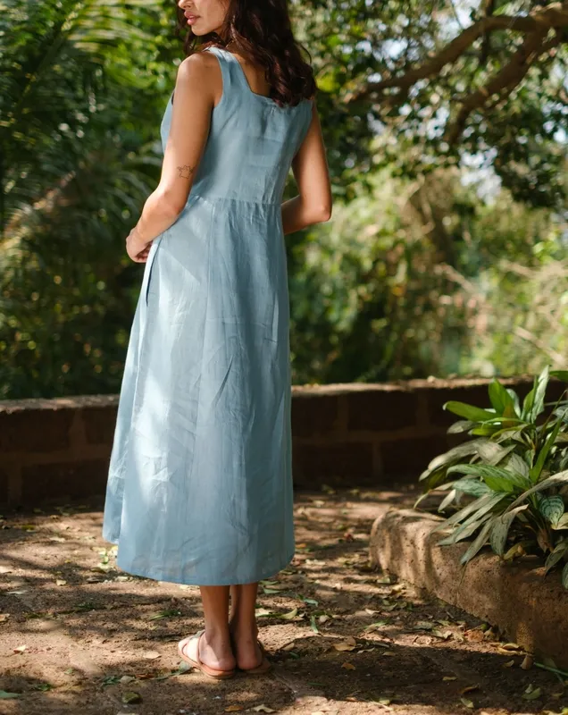 Aqua Linen Square-Neck Midi Dress