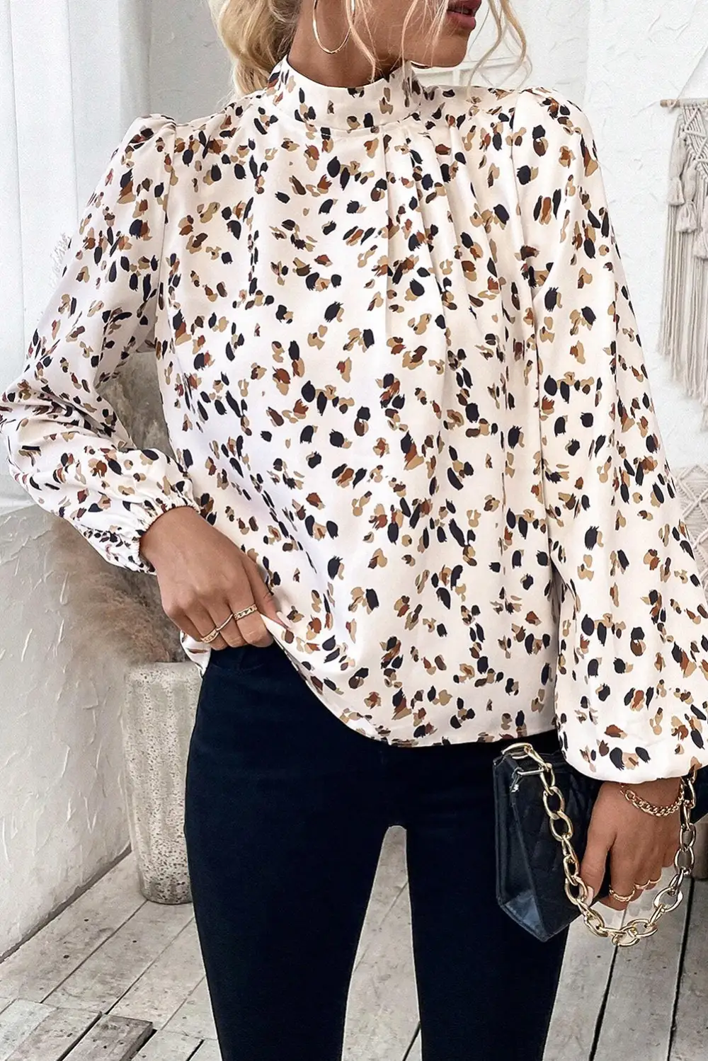 Classic Print Lantern Sleeve Mock Neck Pleated Blouse
