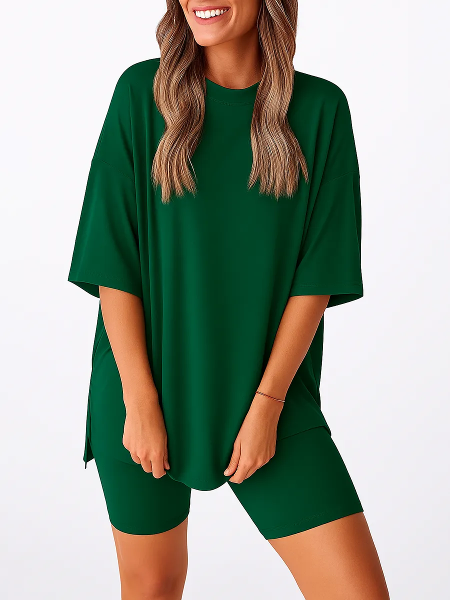 Women'S Summer Two-Piece Set 2025 Casual Oversized Shirts Biker Shorts Matching Airport Travel Outfit Split Hem Lounge